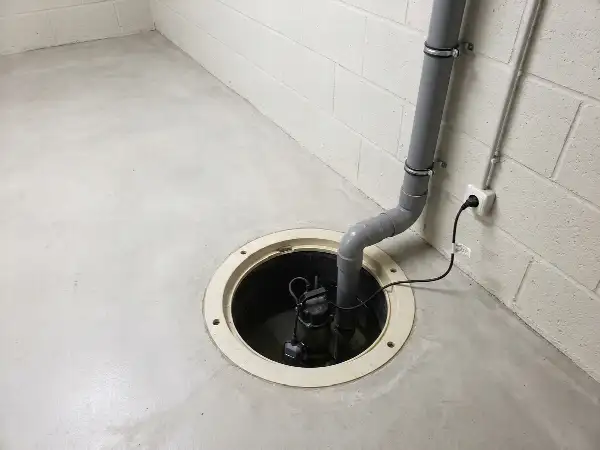 Pompput met dompelpomp in een betonnen keldervloer